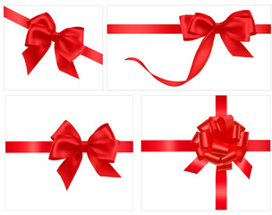 Collection of holiday red bows with ribbons. Vector.