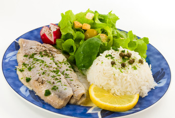 fisch - filet , gebraten , mit Reis,Salat