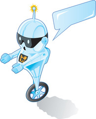 A talking robot with hands out.