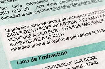 Contravention pour excès de vitesse en France, infraction au code de la route et amende