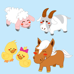 Collection of four happy farm animals isolated