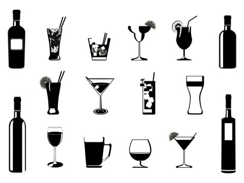 Cocktail and drinking glasses and bottles vector