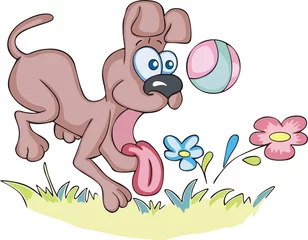 Foto op Plexiglas gekke hond stak zijn tong uit en speelde een bal © Rorius