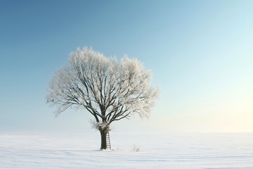 Lonely winter tree covered with frost against a blue sky