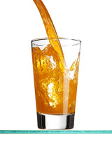 Pouring an orange beverage into a tall drinking glass.