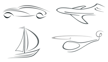 Airplane, helicopter, car and yacht