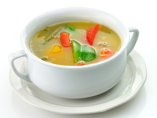vegetable soup in a white soup cup