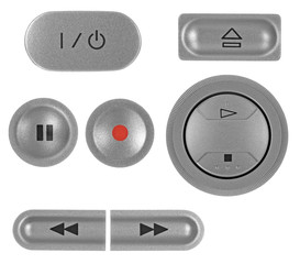 Natural silver grey metallic DVD recorder buttons set, isolated