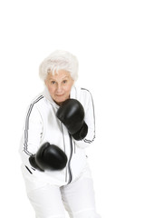 elderly woman with boxing gloves