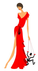 Charming lady in a red dress with a marionette