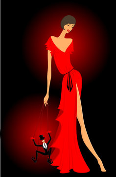 Charming lady in a red dress with a marionette