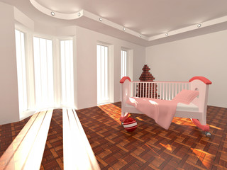 Children's bed in an empty room, lit by sunlight