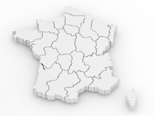Three-dimensional map of France on white isolated background