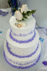 Obraz na płótnie Canvas Wedding cake and topper with wedding rings
