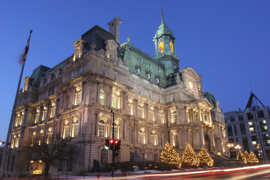City Hall of Montreal at dusk in Christmas times, Canada