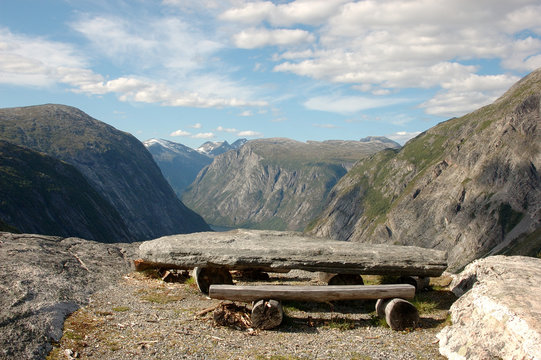 Picnic table on top of a mountain