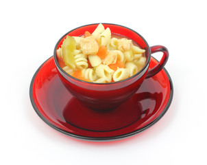 Chicken rotini pasta soup in red cup