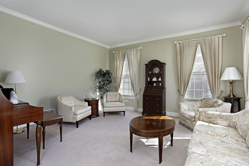 Living room with white carpeting