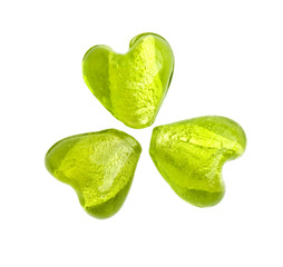 Green heart shaped glass beads making a shamrock