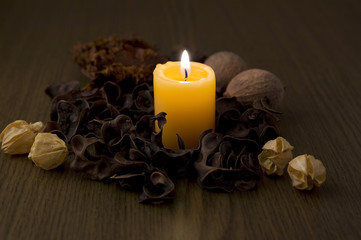 火を灯したキャンドルと香料