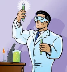 Keuken foto achterwand Strips Wetenschapper die chemicaliën op een gewaagde manier mengt.