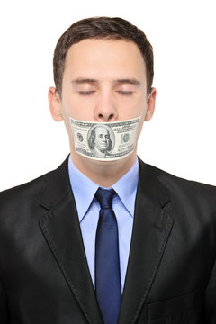 Man with a 100 dollar banknote on his mouth