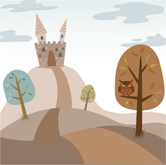 Landscape with medieval cartoon castle, trees, road and owl © Yuzach
