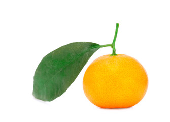 Tangerine fruit with green leaf on white background