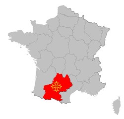 Midi-Pyrénées auf den Umrissen Frankreichs