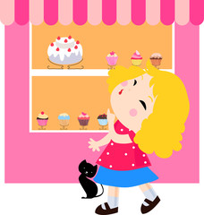 lovely little girl and cat looked at the window of the cake