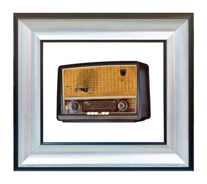 vintage radio in modern wood frame isolated