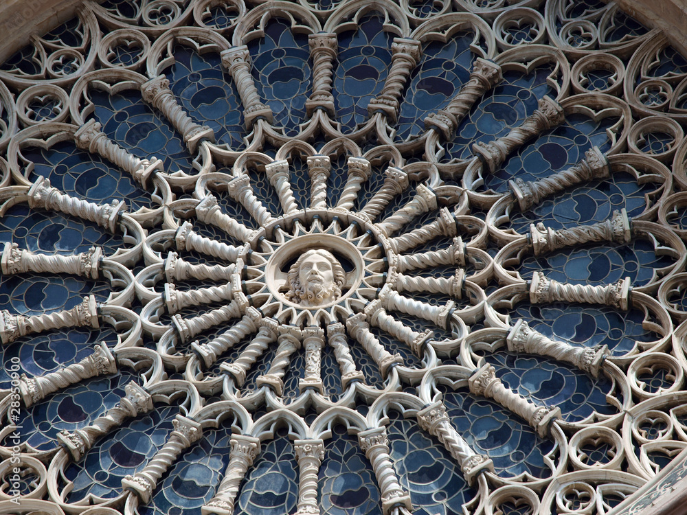 Wall mural Orvieto Duomo facade.The delicately carved rose window