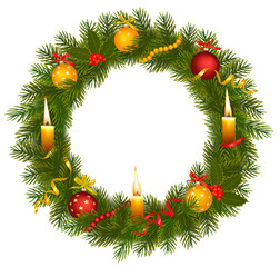 Christmas wreath with  christmas tree and candle. Vector.