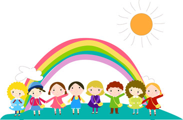 Fototapeta na wymiar cartoon children and rainbow