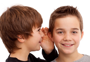 Zwei Jungen flüstern sich News und Geheimnisse ins Ohr - obrazy, fototapety, plakaty