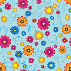 Seamless pattern with colorful flowers on blue background
