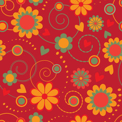 Seamless pattern with colorful flowers on red background