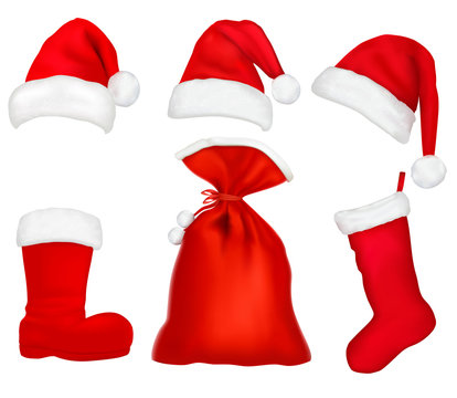 Three red Santa hats. Christmas stocking and boot. Vector.