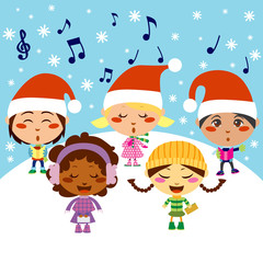 Five kids singing Christmas Carols while snow falls