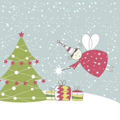 Fototapeta na wymiar Christmas card with angel. Vector illustration