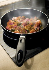 Meat on frying pan