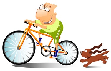 Funny man is riding on a bike.