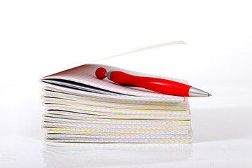 Red pen and workbooks.