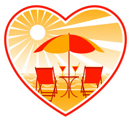 deckchairs on beach in heart