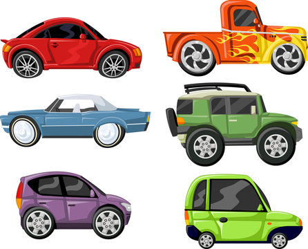 Set of six colorful cartoon cars