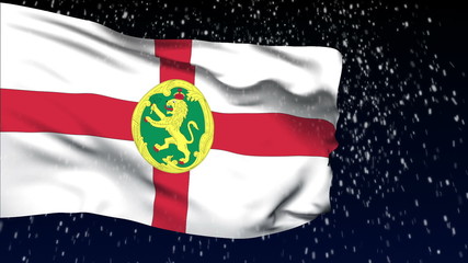 Alderney flag waving. White snow background. Seamless loop.