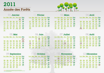Calendrier 2011 - Année des forêts - fêtes vacances jours fériés