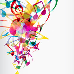 Fototapeta premium Abstract musical background with bright flying up notes and othe
