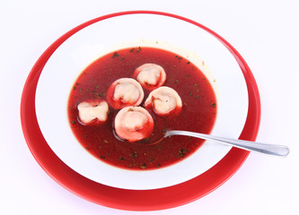 Polish Christmas Eve dish:clear borscht with dumplings (uszka)