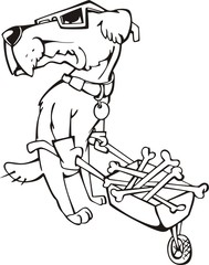 Dog carrying a wheelbarrow with bones